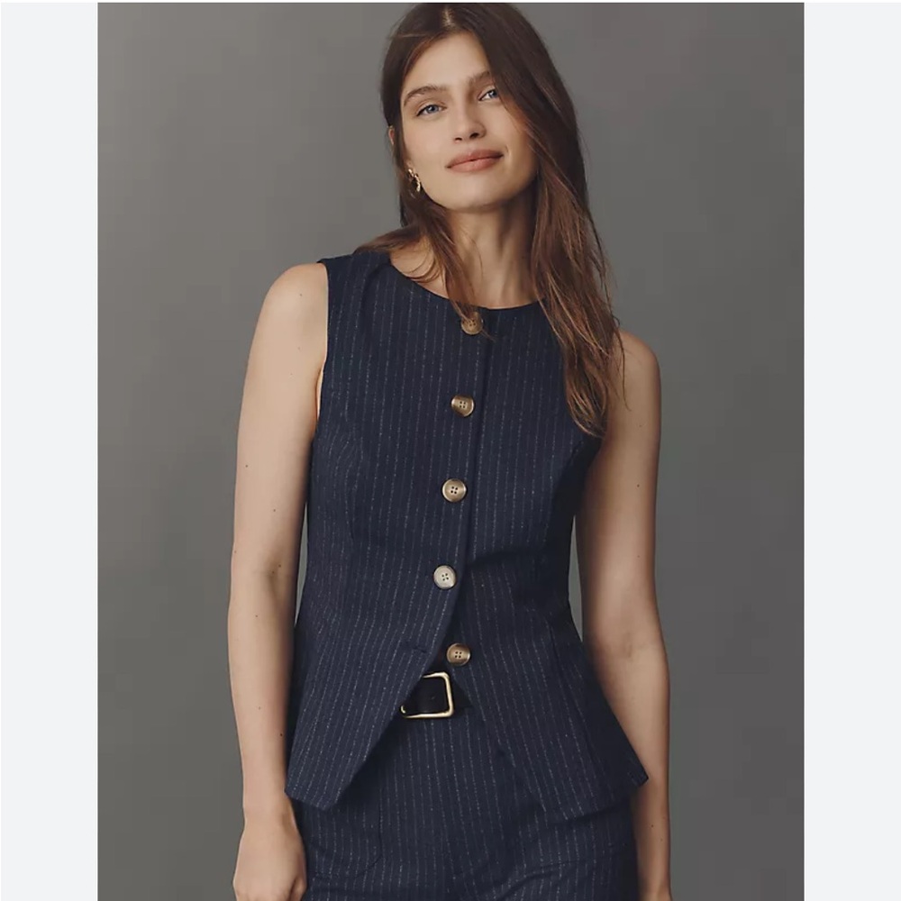 Anthropologie Navy Pinstripe Sleeveless Button Vest